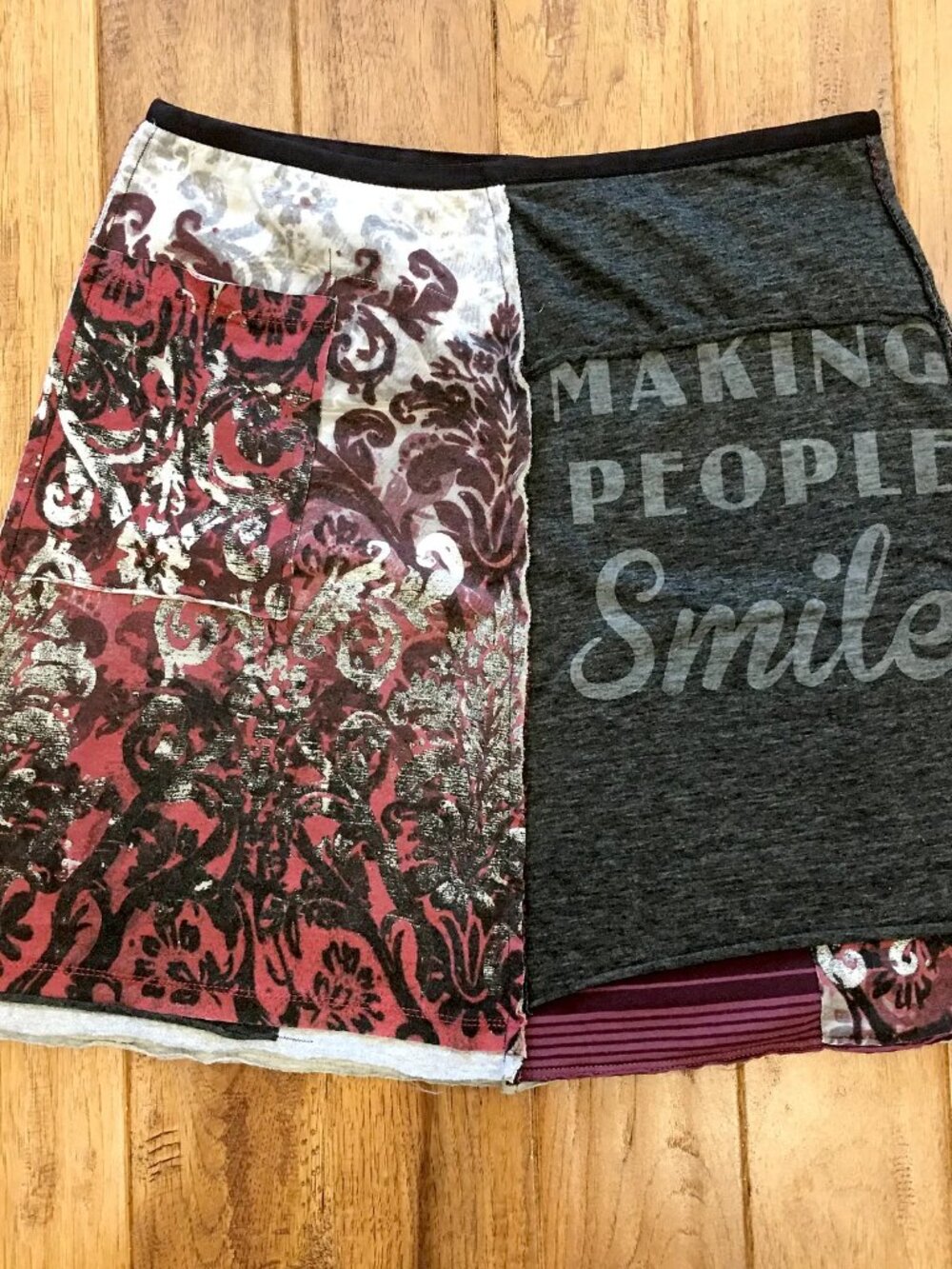 Boho chic upcycled T-shirt skirt, funky and fun!